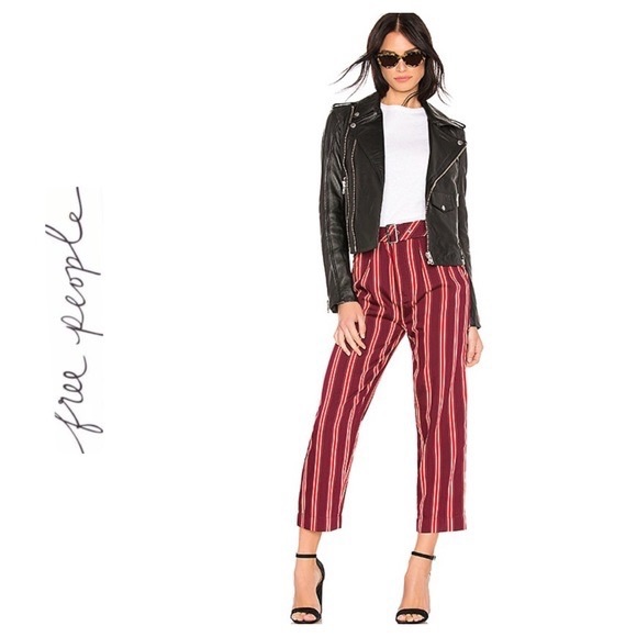 Free People Pants - Free People Seemed Like Stripes Red High Waisted Pants Cropped Trousers Belted 0